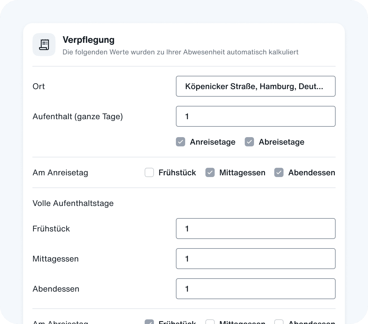 Reisekostenabrechnung: Verpflegungspauschale automatisch berechnen.