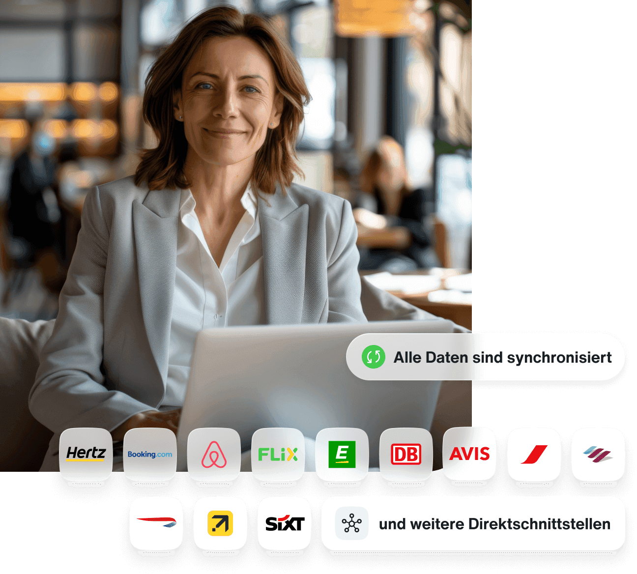Ihre Geschäftsreise Komplettlösung für Bahn, Flüge, Mietwagen, Airbnb, Hotels, Reisekostenabrechnung und mehr.